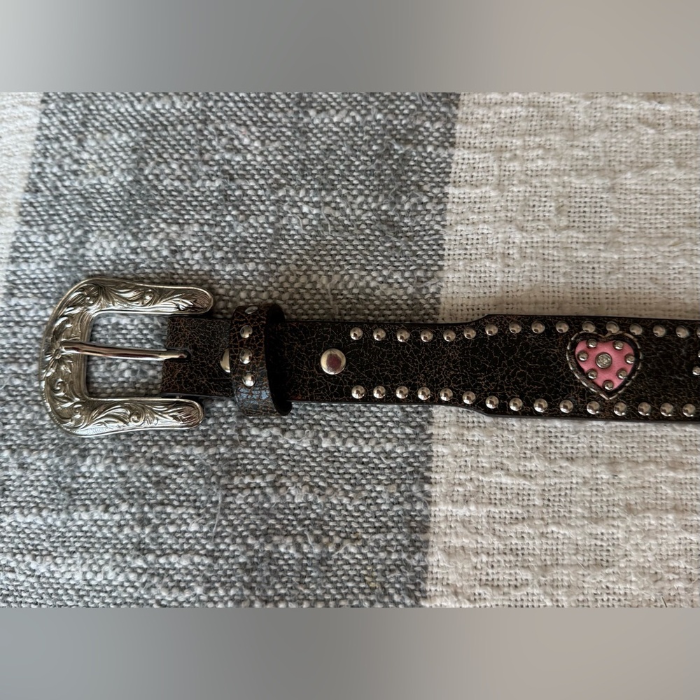 🩷Women Nocona Belt Co Brown Genuine Leather SZ 28” Rhinestones Studded Hearts🩷